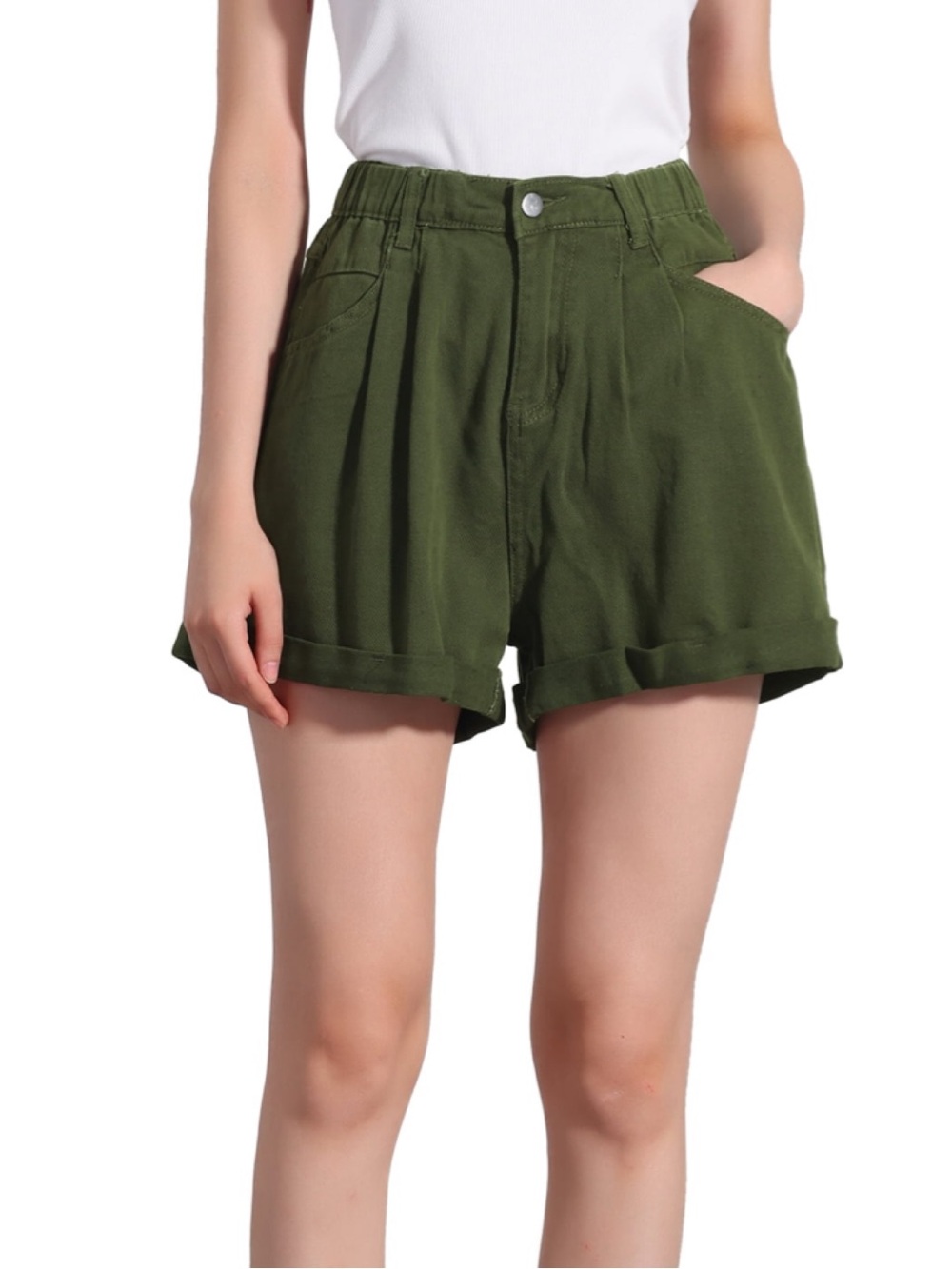 Olive High-Waist Pleated Women’s Shorts • NWT • 15"-17.5" waist, 2.5" inseam